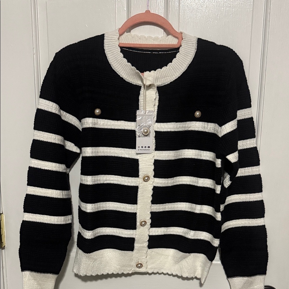Elegant Black and White Striped Women's Cardigan
